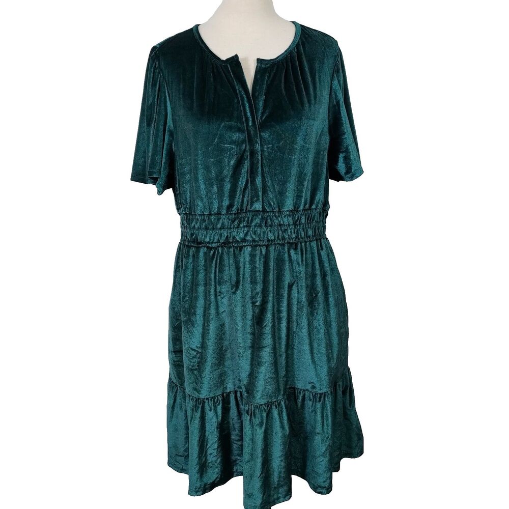 French Connection Women's Velvet Dress Size XL Green Ruffle Short Sleeve NWT